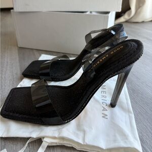 GOOD AMERICAN - Black Glitter - Crystal Crush Lucite Sandal - Black - Size 8